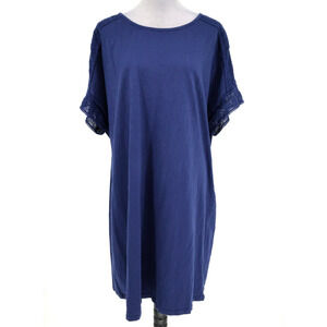 Coldwater Creek Dress Plus Size 2X Navy Blue Cotton Knit Lace Trim Sleeve Resort